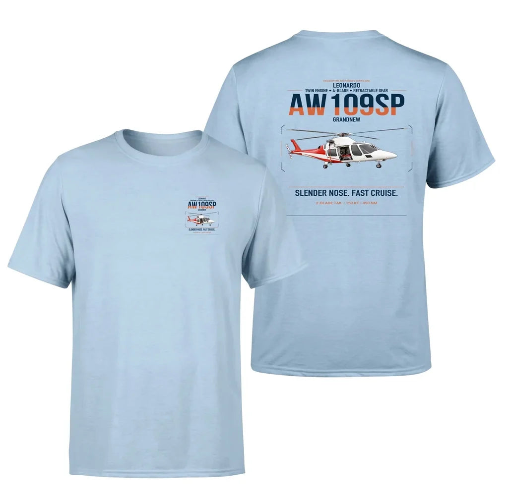 Leonardo AW109SP GrandNew design on light blue t-shirt, double-side print