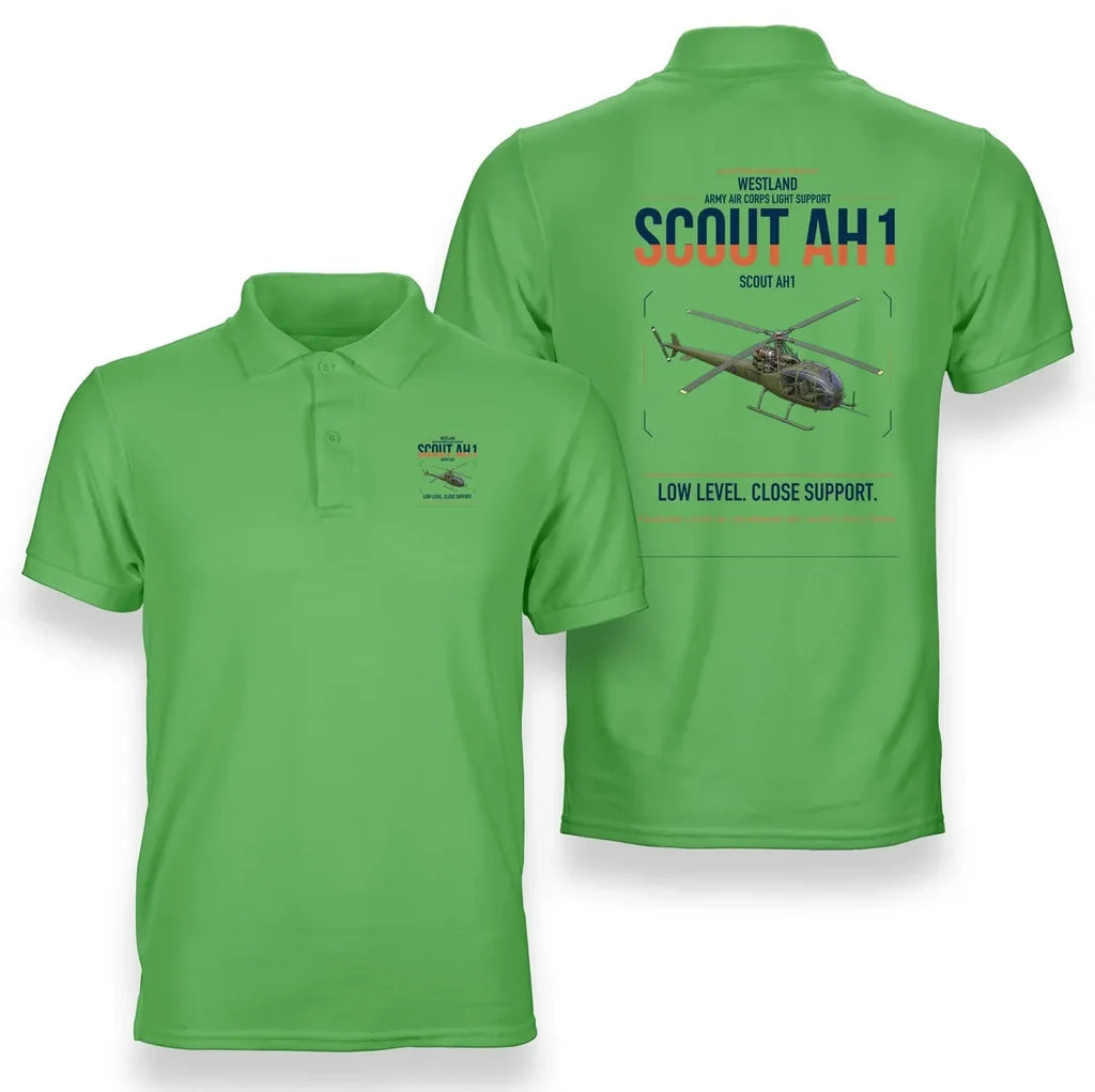 Westland Scout AH1 design on light green double-side polo t-shirt, double-side print