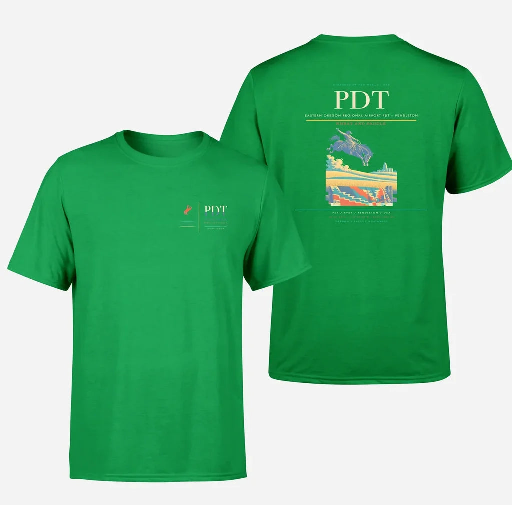 Eastern Oregon Regional Airport (PDT) design printed on green double-side t-shirt