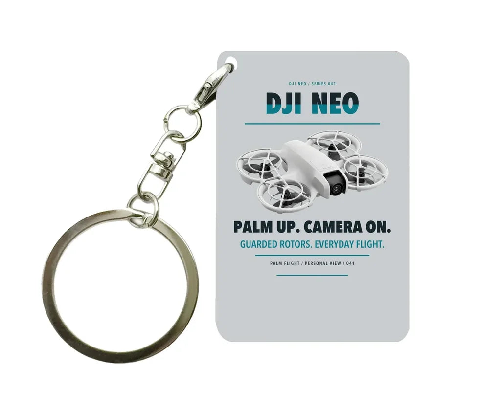 DJI Neo Key Chain design on light gray key chain