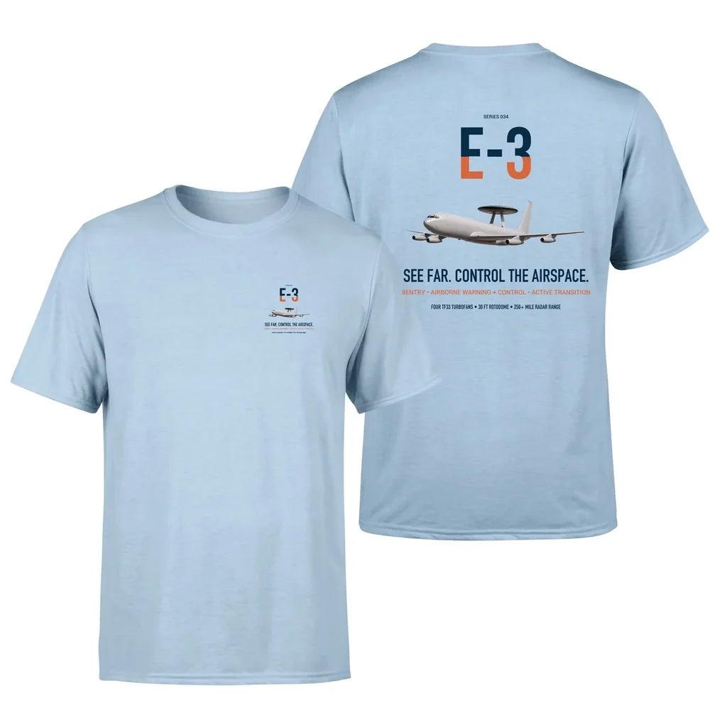 E-3 Sentry AWACS design on light blue double-side t-shirt, double-side print