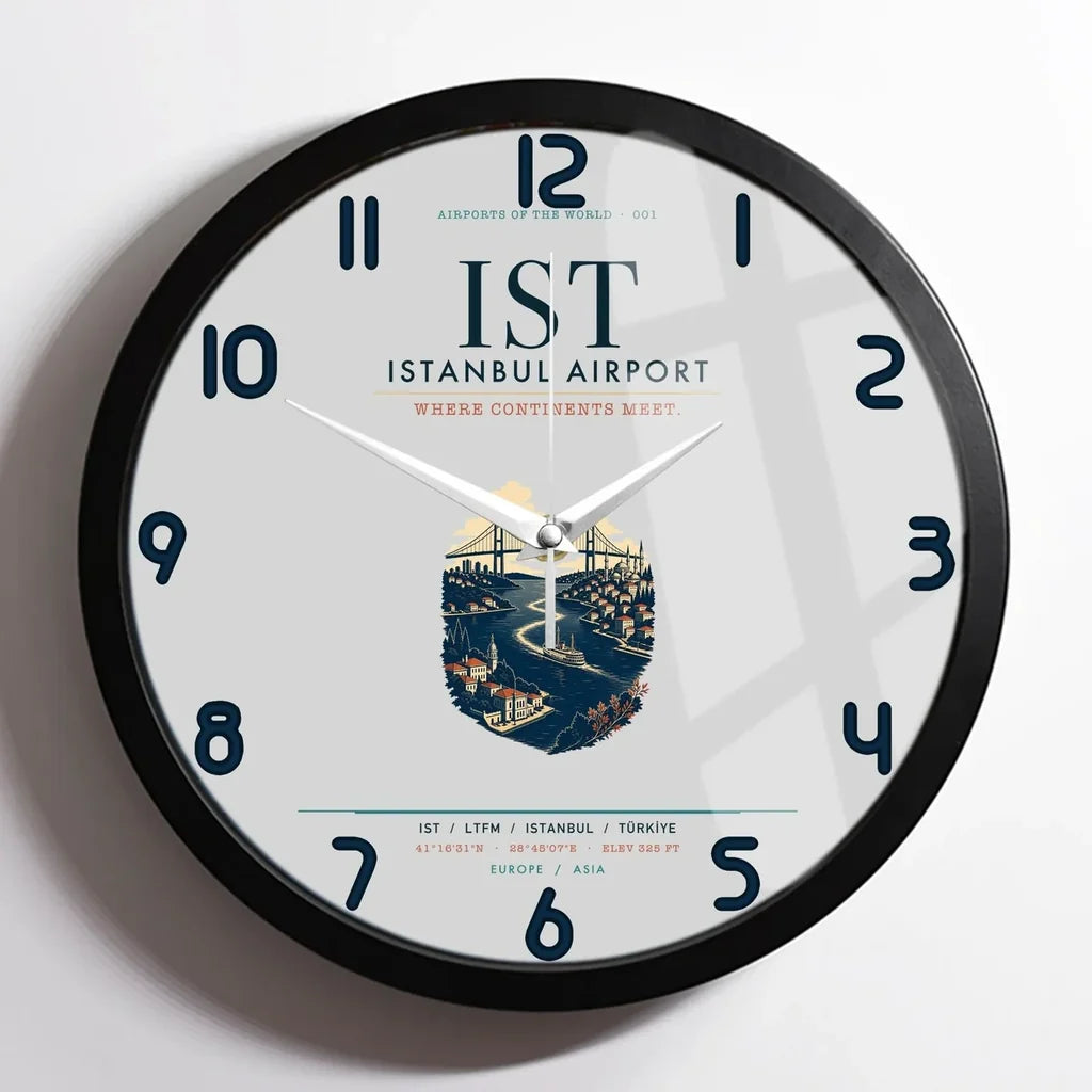 Istanbul Airport (IST) design on light gray framed wall clock