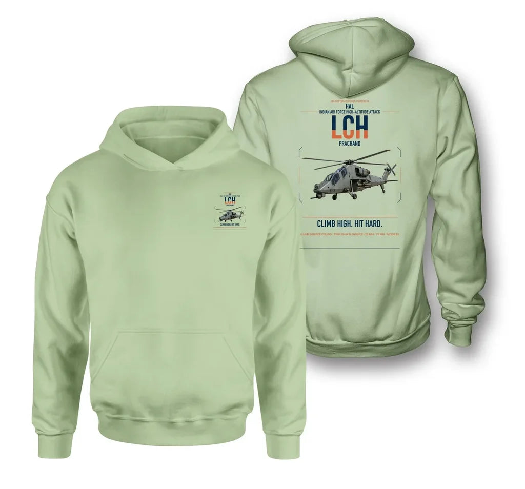 HAL LCH Prachand design on light green double-side hoodie, double-side print