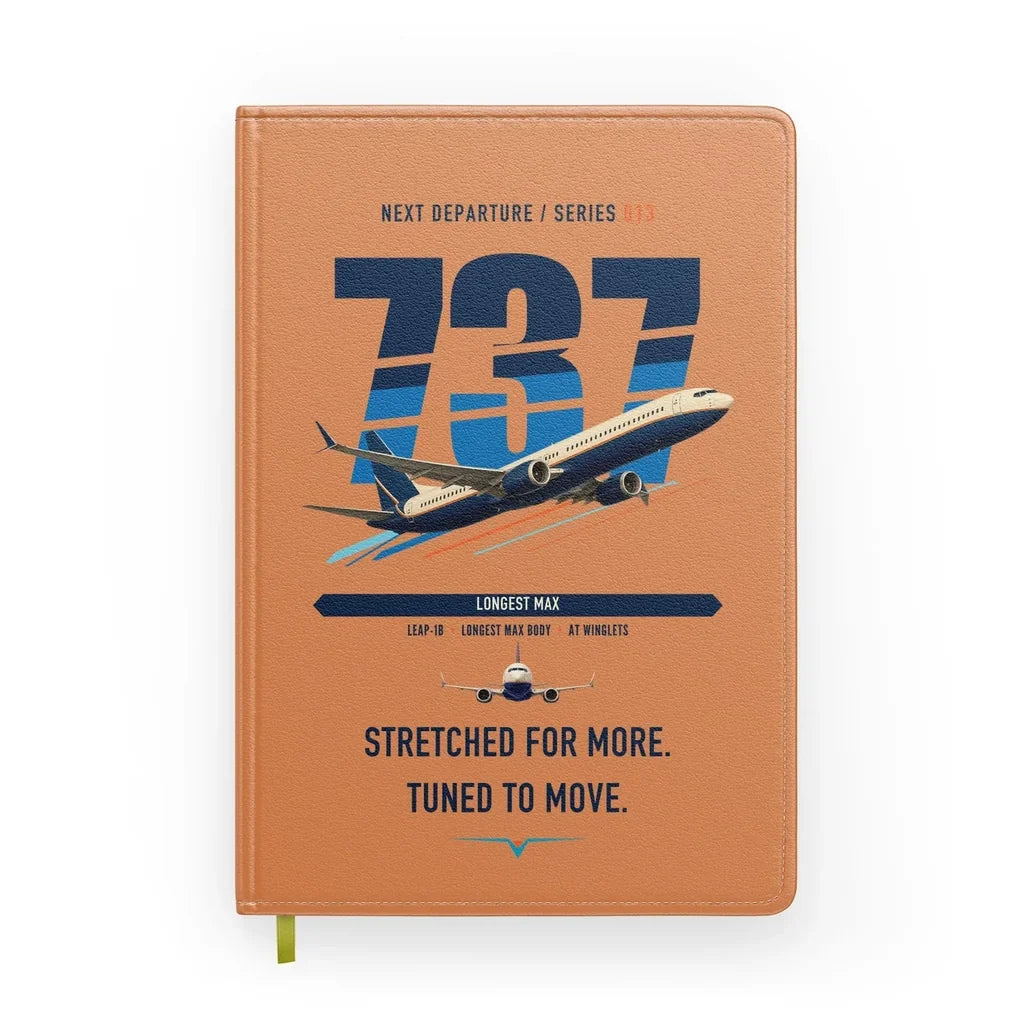 Boeing 737 MAX 10 design on orange notebook