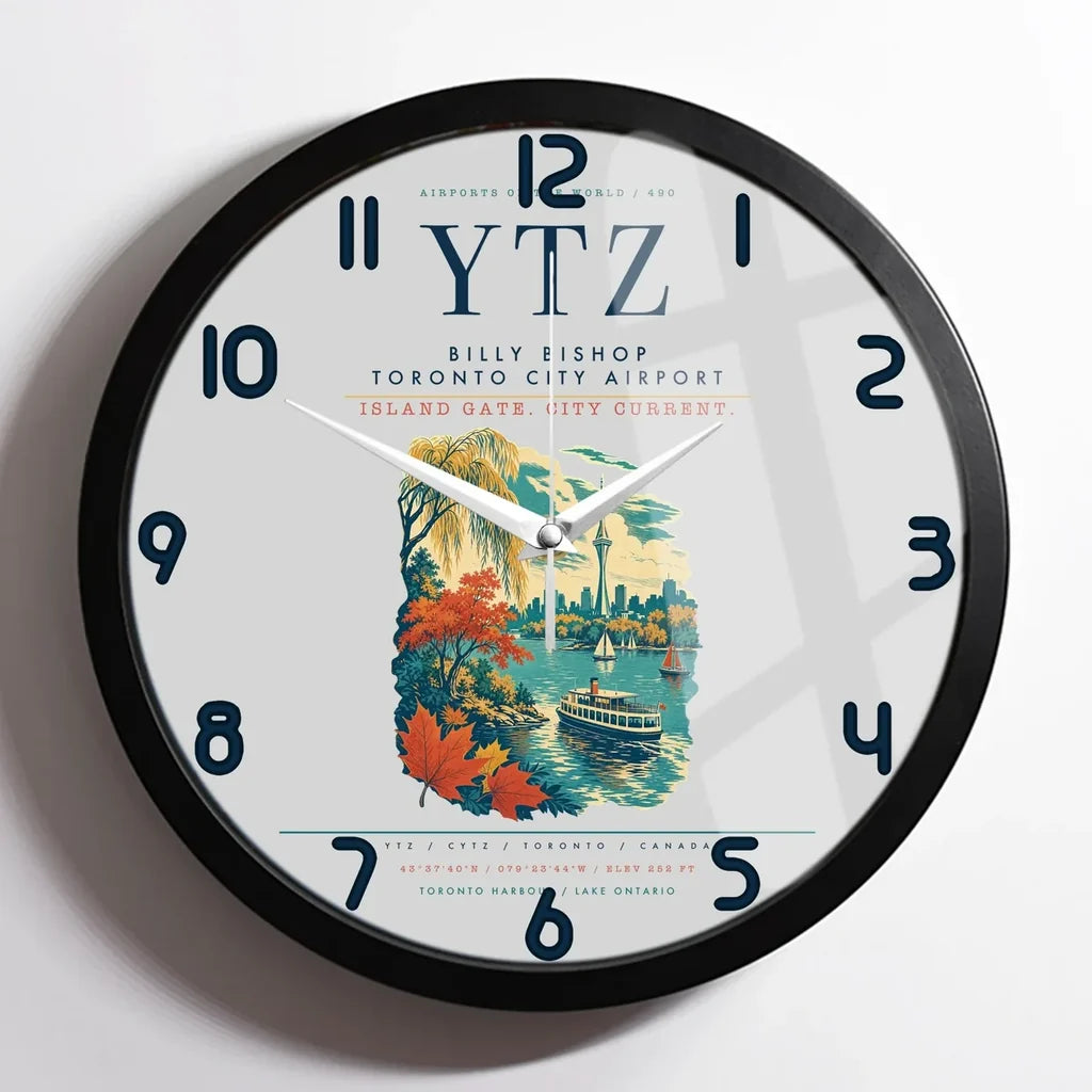 Billy Bishop Toronto City Airport (YTZ) design on light gray framed wall clock