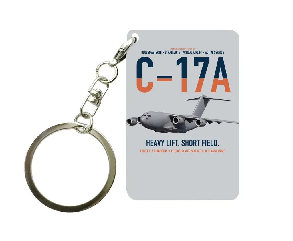 C-17A Globemaster III design on light gray designed key chain, double-side print