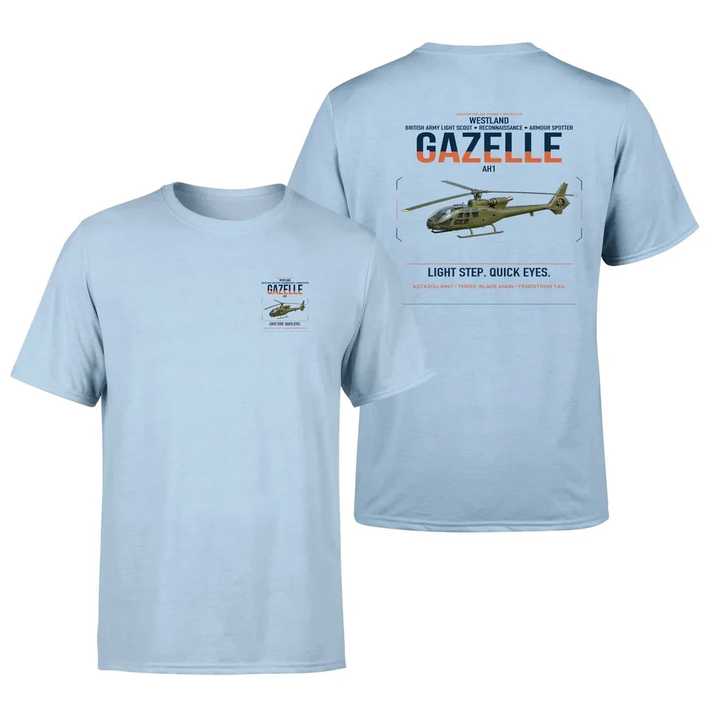 Westland Gazelle AH1 design on light blue t-shirt, double-side print