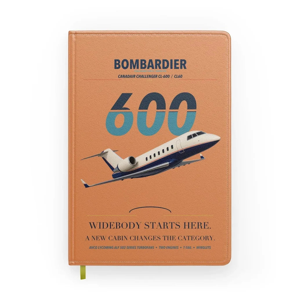 Bombardier Challenger 600 design on orange notebook
