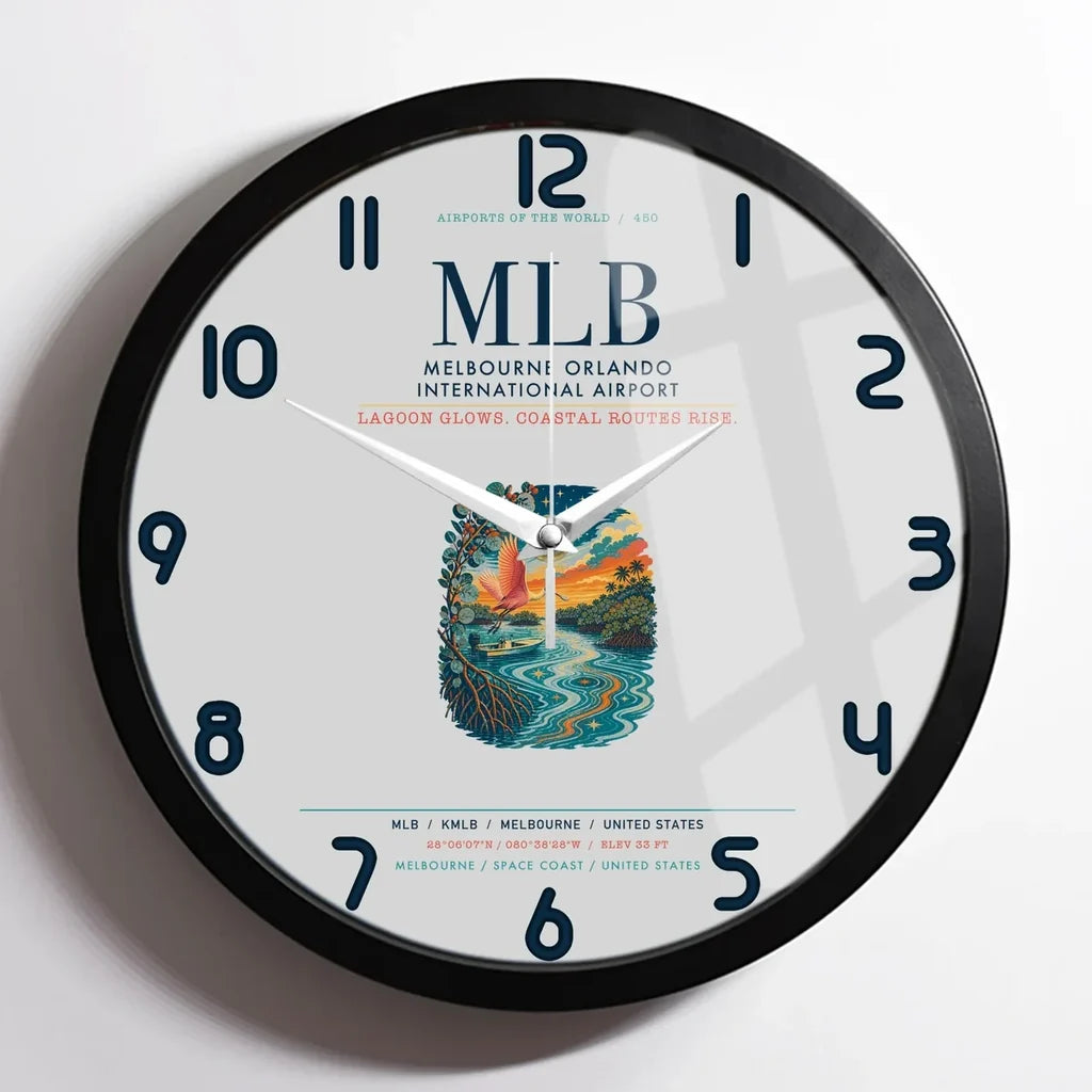 Melbourne Orlando International Airport (MLB) design on light gray framed wall clock
