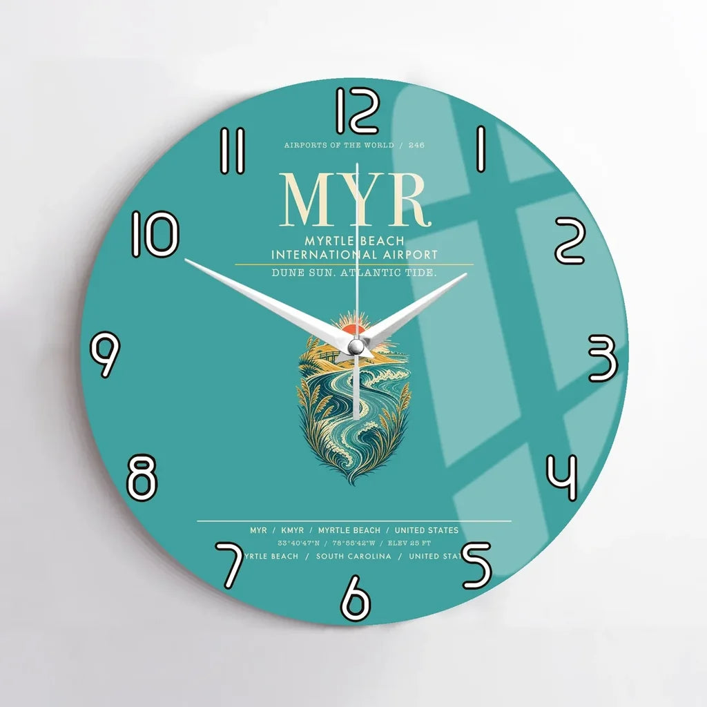 Myrtle Beach International Airport (MYR) design on turquoise no frame wall clock