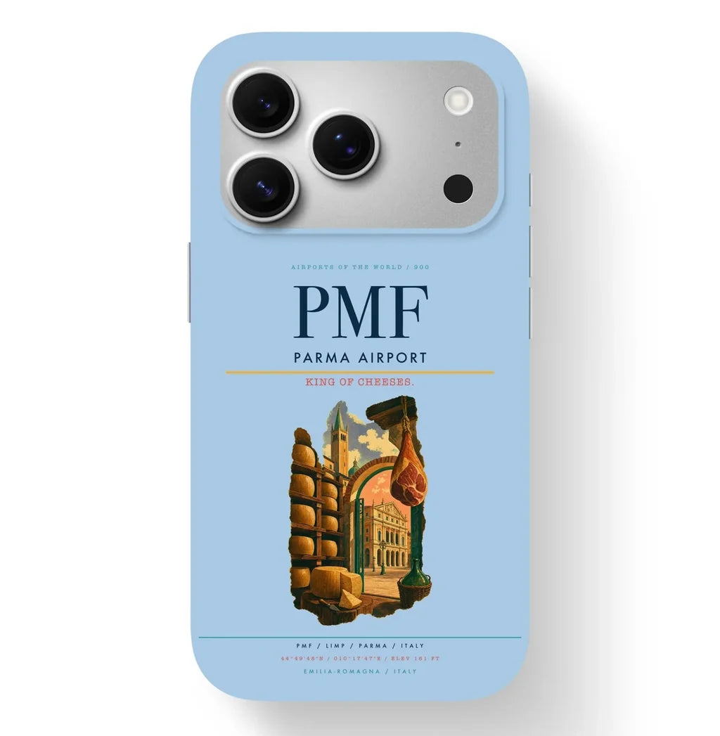 Parma Airport (PMF) design on light blue iPhone 17 Pro MagSafe case