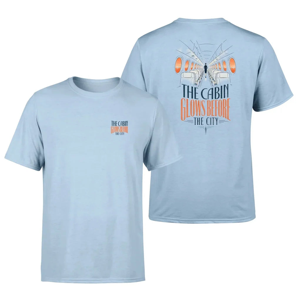 SIGNAL 629 - The Cabin Glows Before The City - Double-Side T-Shirt design on light blue double side t shirt