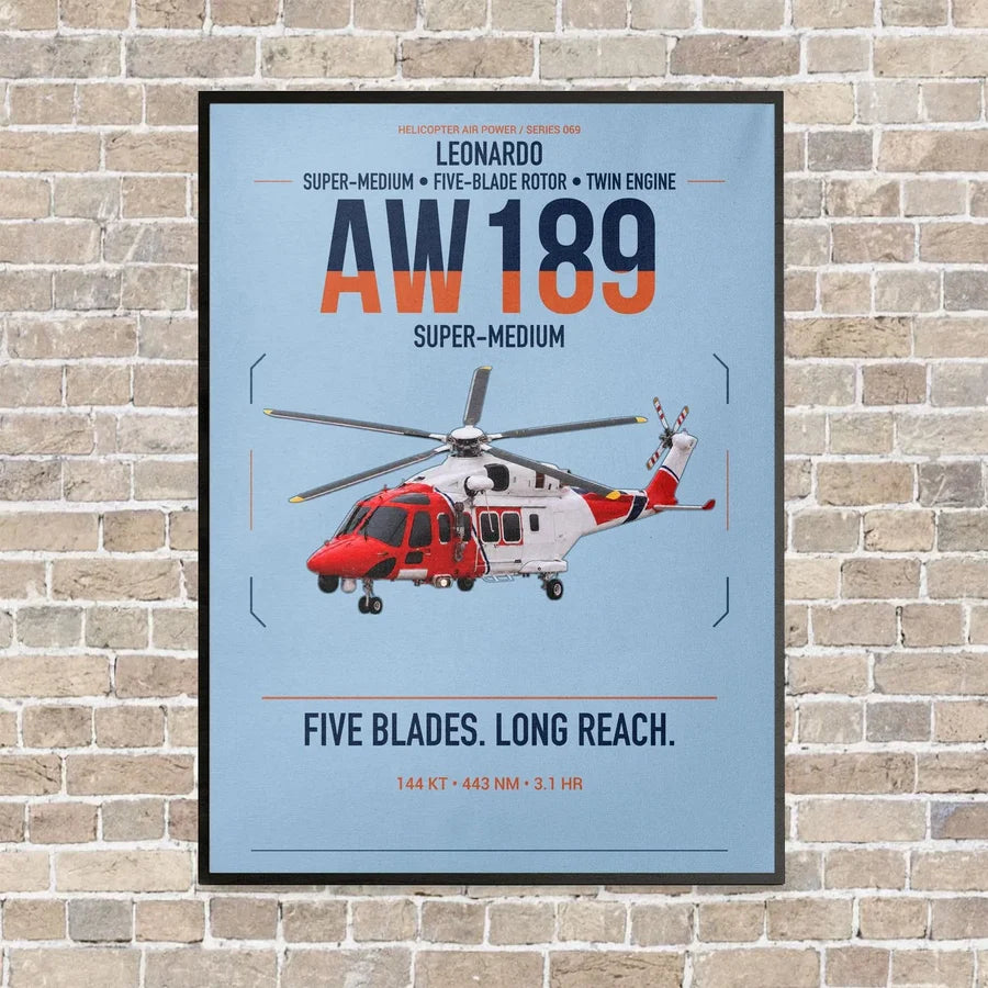 Leonardo AW189 vertical canvas print - framed - light blue background