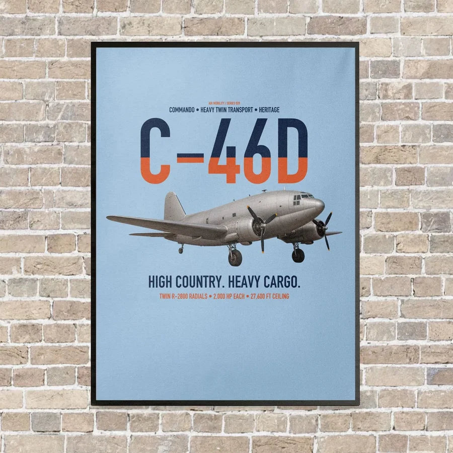 C-46D Commando vertical canvas print - framed - light blue background