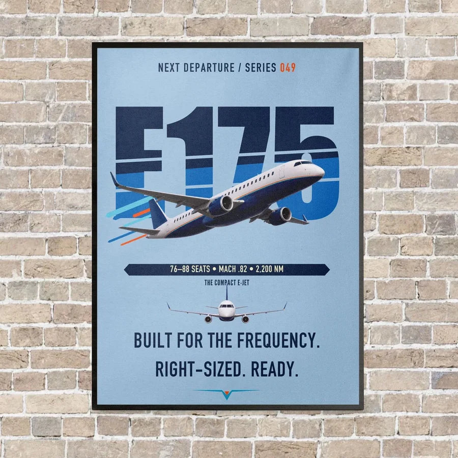 Embraer E175 vertical canvas print - framed - light blue background