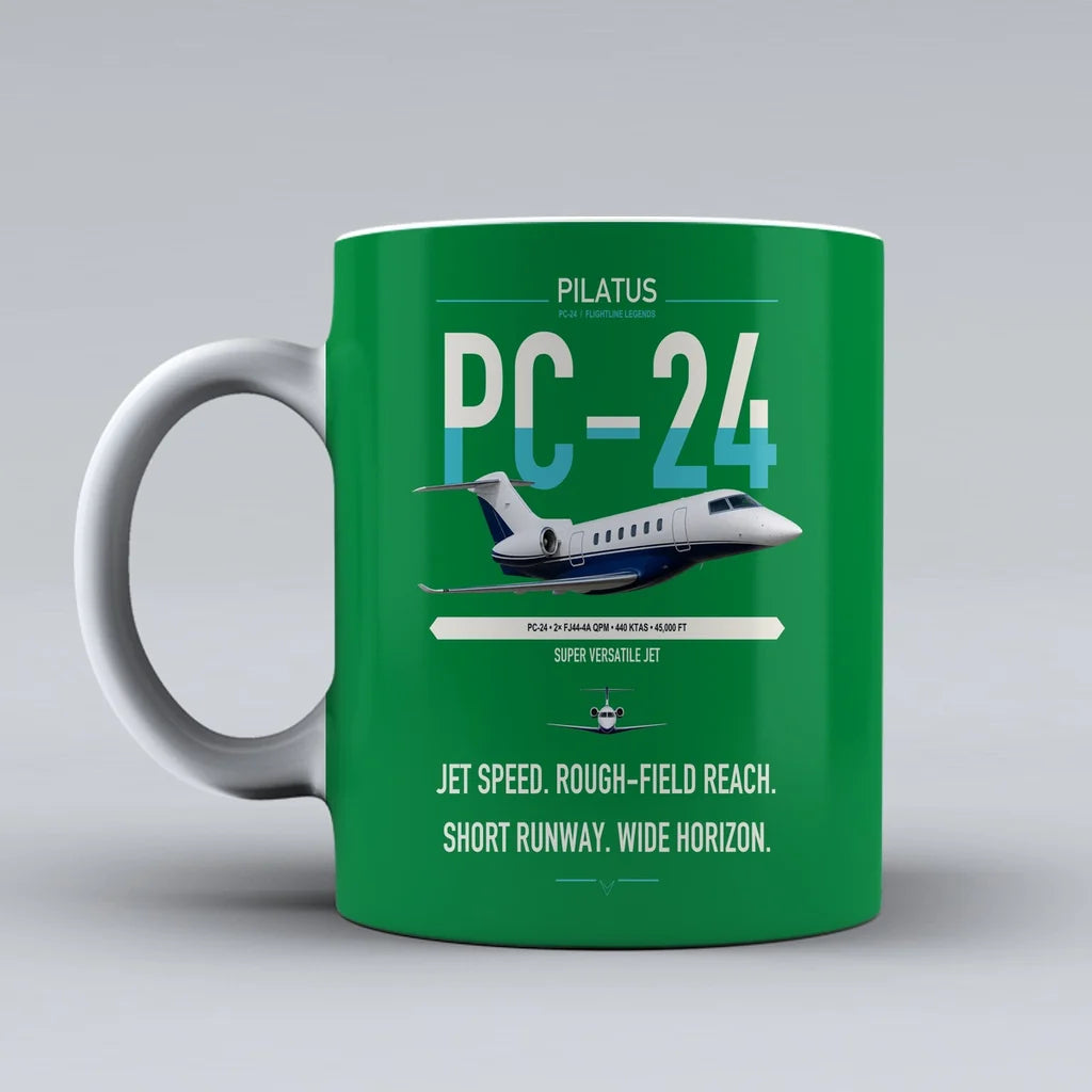 Pilatus PC-24 design on green ceramic mug, double-side print