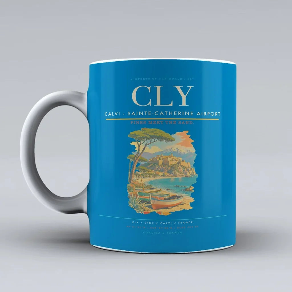 Calvi (CLY) airport code design on turquoise ceramic mug