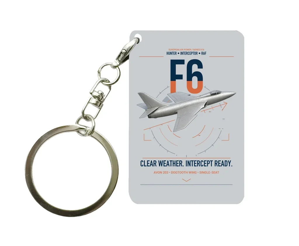 Hawker Hunter F6 design on light gray designed key chain, double-side print