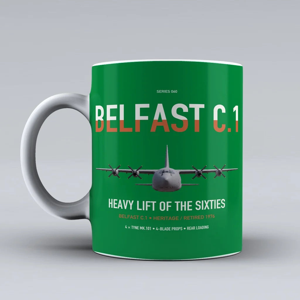 Short Belfast C.1 design on green ceramic mug, double-side print