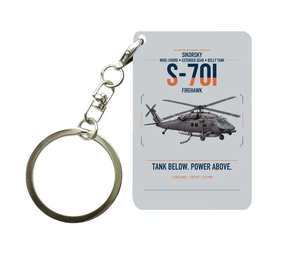 Sikorsky S-70i FIREHAWK design on light gray designed key chain, double-side print
