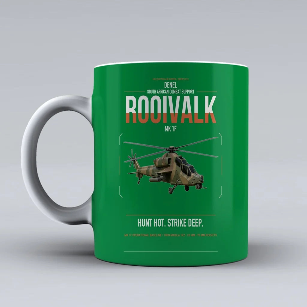 Denel Rooivalk Mk 1F design on green ceramic mug, double-side print