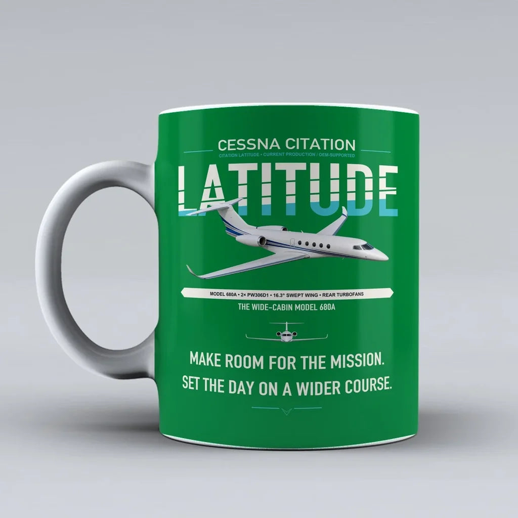 Cessna Citation Latitude design on green ceramic mug, double-side print