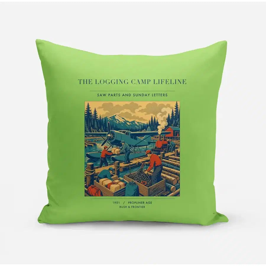 VINTAGE G4488 - The Logging Camp Lifeline - Designed Pillows design on lightgreen
