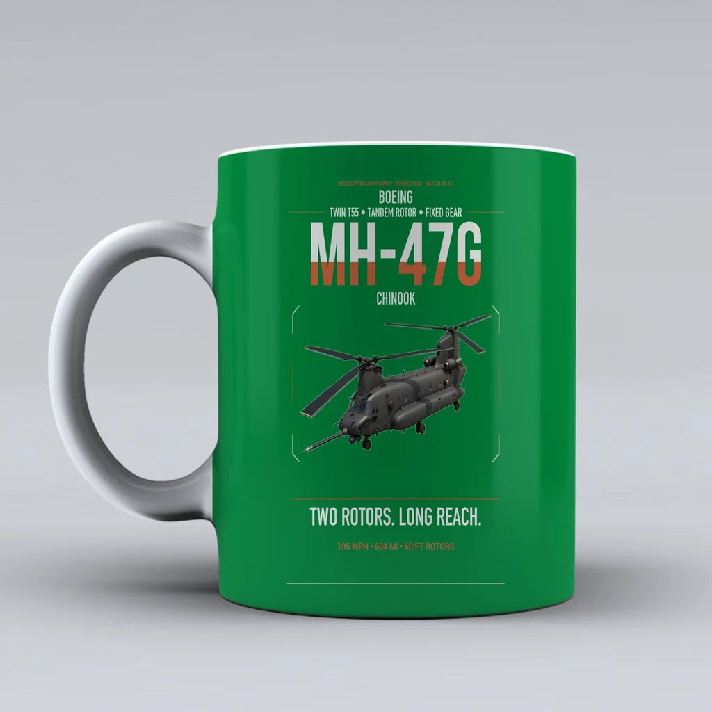 Boeing MH-47G Chinook design on green ceramic mug, double-side print