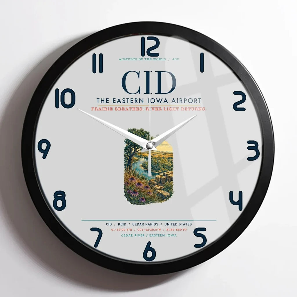 The Eastern Iowa Airport Cedar Rapids (CID) design on light gray framed wall clock