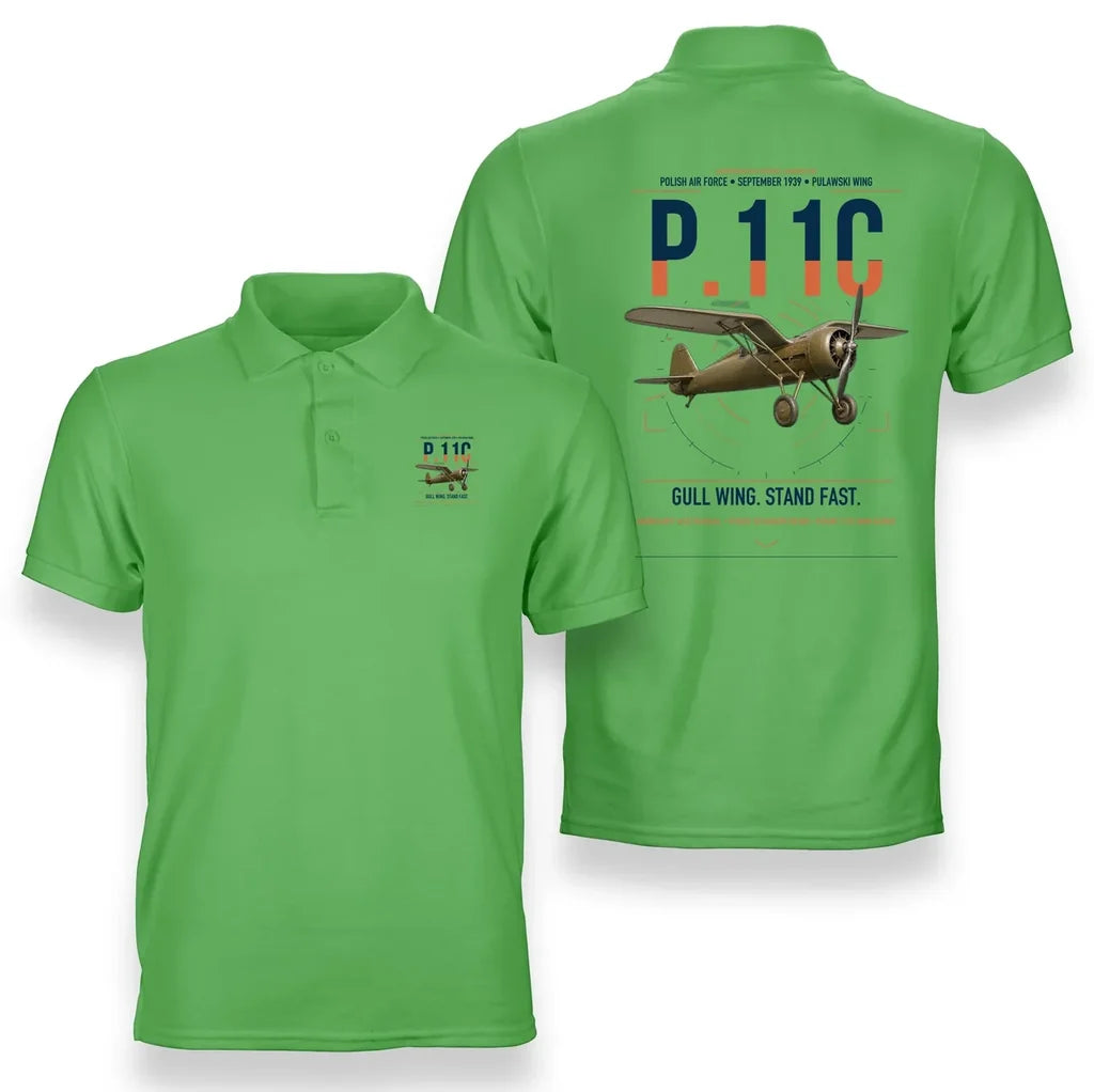 PZL P.11c design on light green double-side polo t-shirt, double-side print