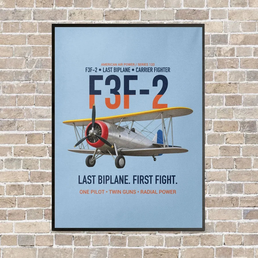 F3F-2 Last Biplane First Fight vertical canvas print - framed - light blue background