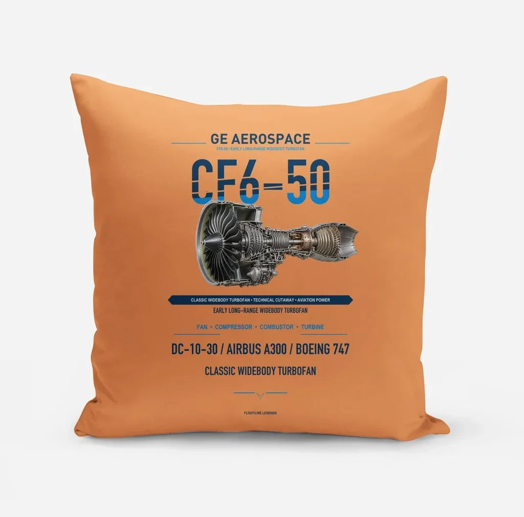 CF6-50 design on orange pillow