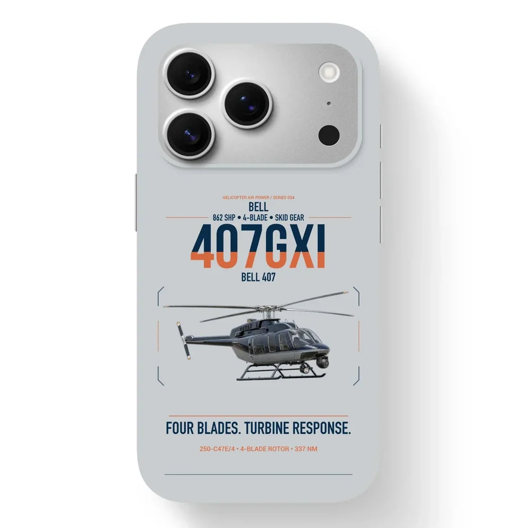 Bell 407GXi design on light gray magsafe iphone case, for iPhone 17 Pro