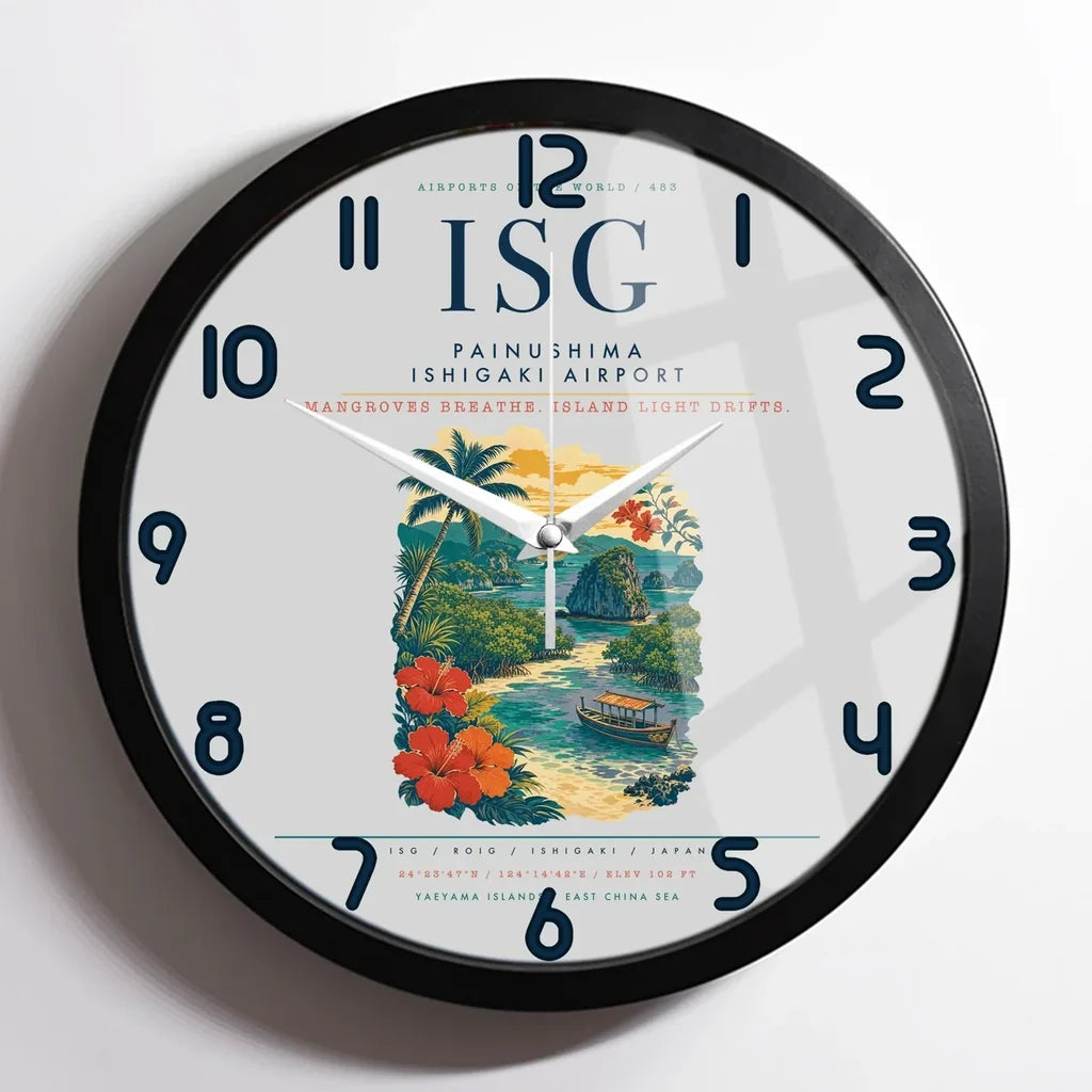 Painushima Ishigaki Airport (ISG) design on light gray framed wall clock