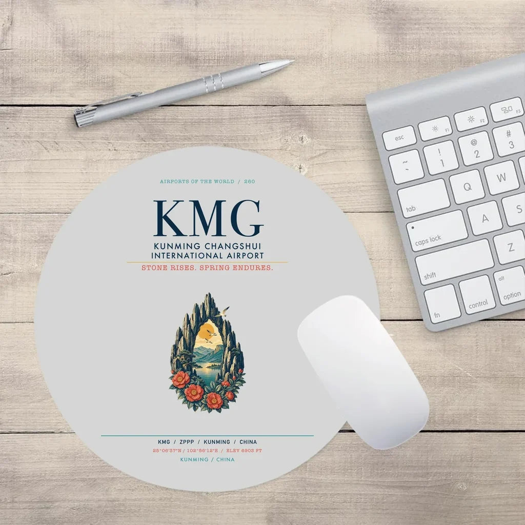Kunming Changshui International Airport (KMG) design on light gray round mouse pad