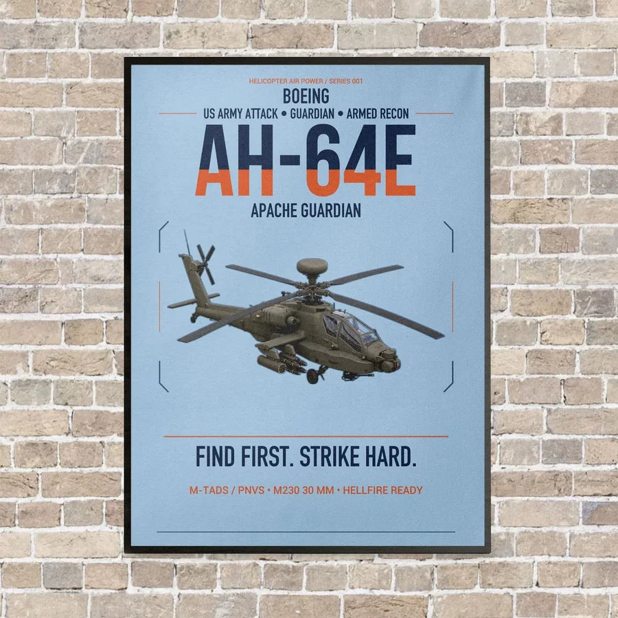 Boeing AH-64E Apache Guardian vertical canvas print - framed - light blue background