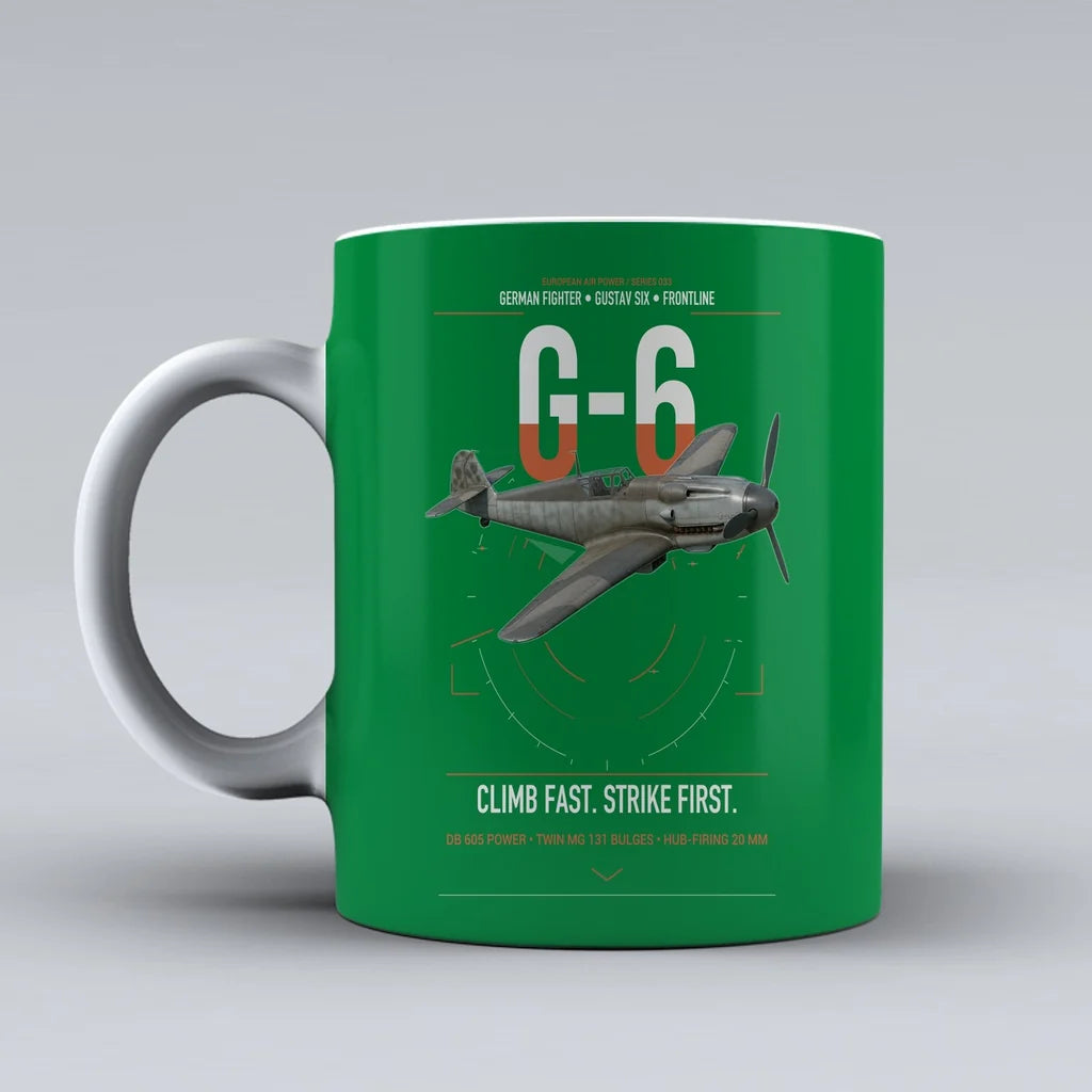Messerschmitt Bf 109G-6 design on green ceramic mug, double-side print