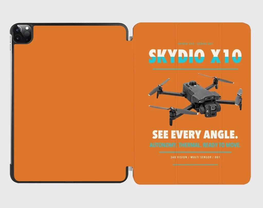 Skydio X10 design on orange ipad tablet case