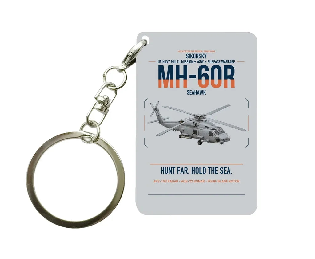 Sikorsky MH-60R Seahawk design on light gray designed key chain, double-side print