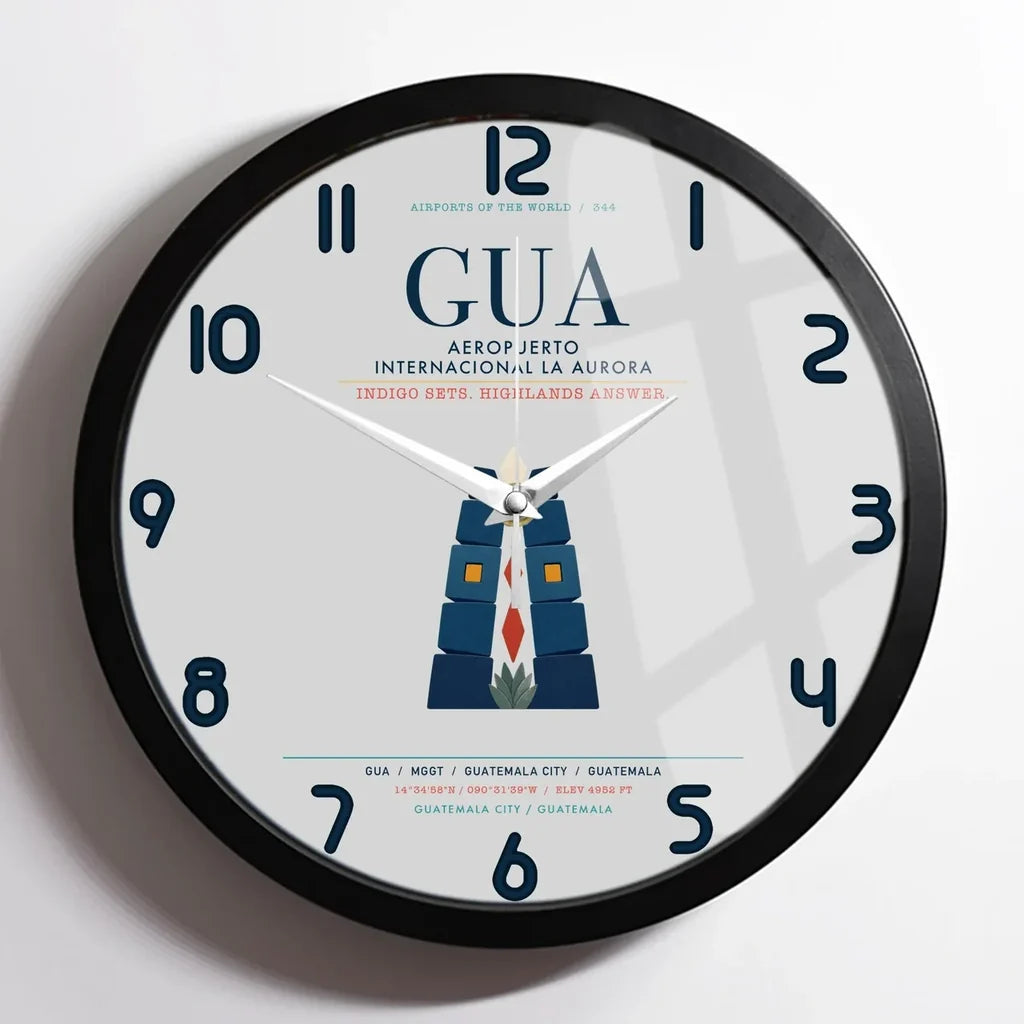 Aeropuerto Internacional La Aurora (GUA) design on light gray framed wall clock