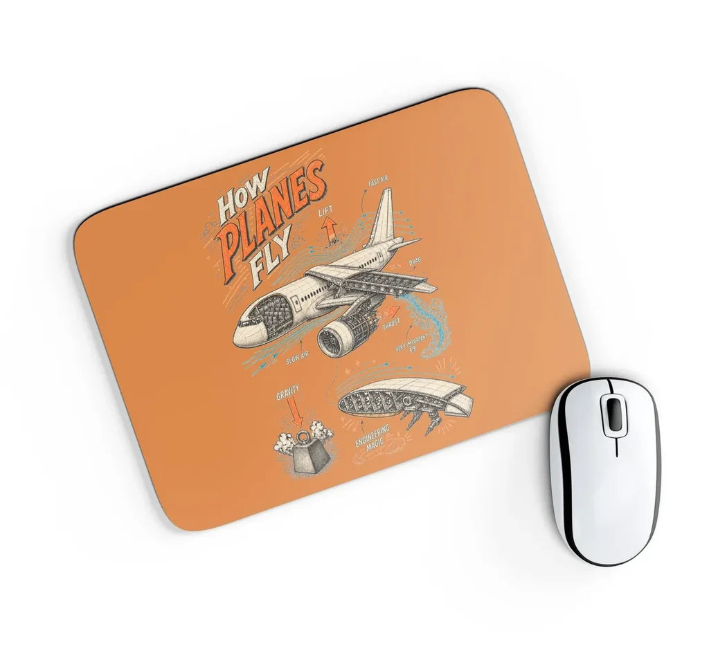 How Planes Fly V2 design on orange rectangle mouse pad