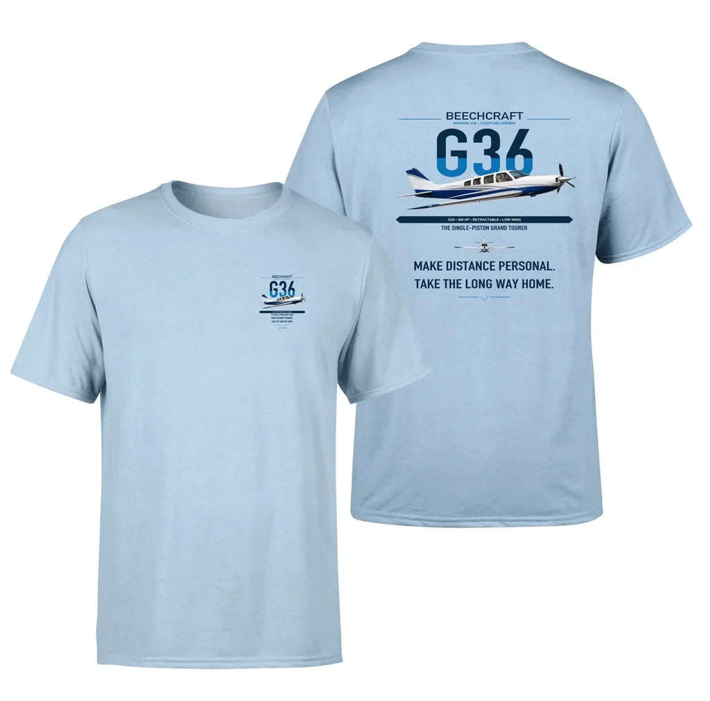 Beechcraft Bonanza G36 design on light blue t-shirt, double-side print