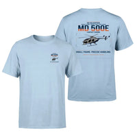 Thumbnail for MD Helicopters MD 500E design on light blue t-shirt, double-side print