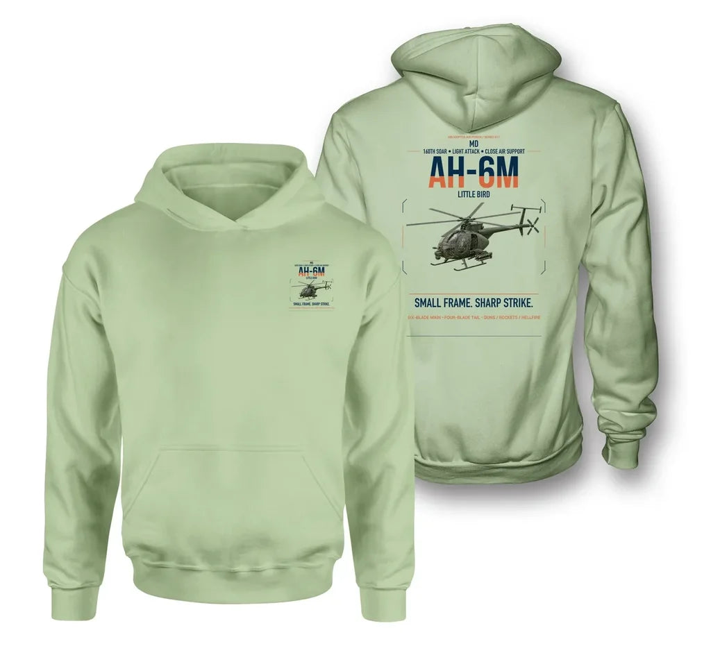 MD AH-6M Little Bird design on light green double-side hoodie, double-side print