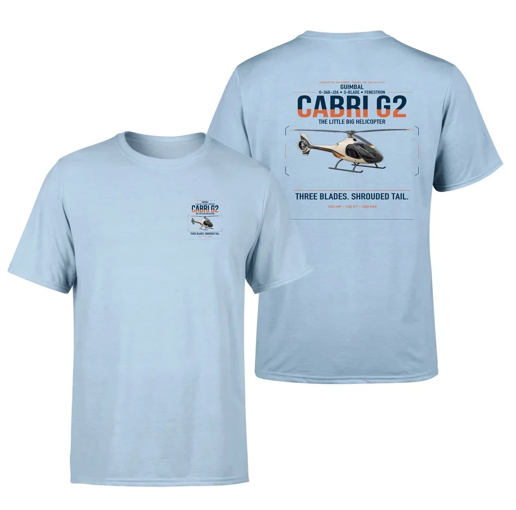 Guimbal Cabri G2 design on light blue t-shirt, double-side print