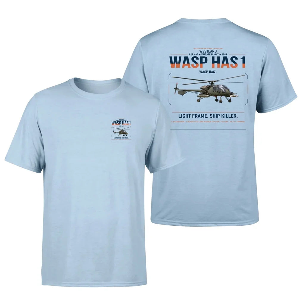 Westland Wasp HAS1 design on light blue t-shirt, double-side print