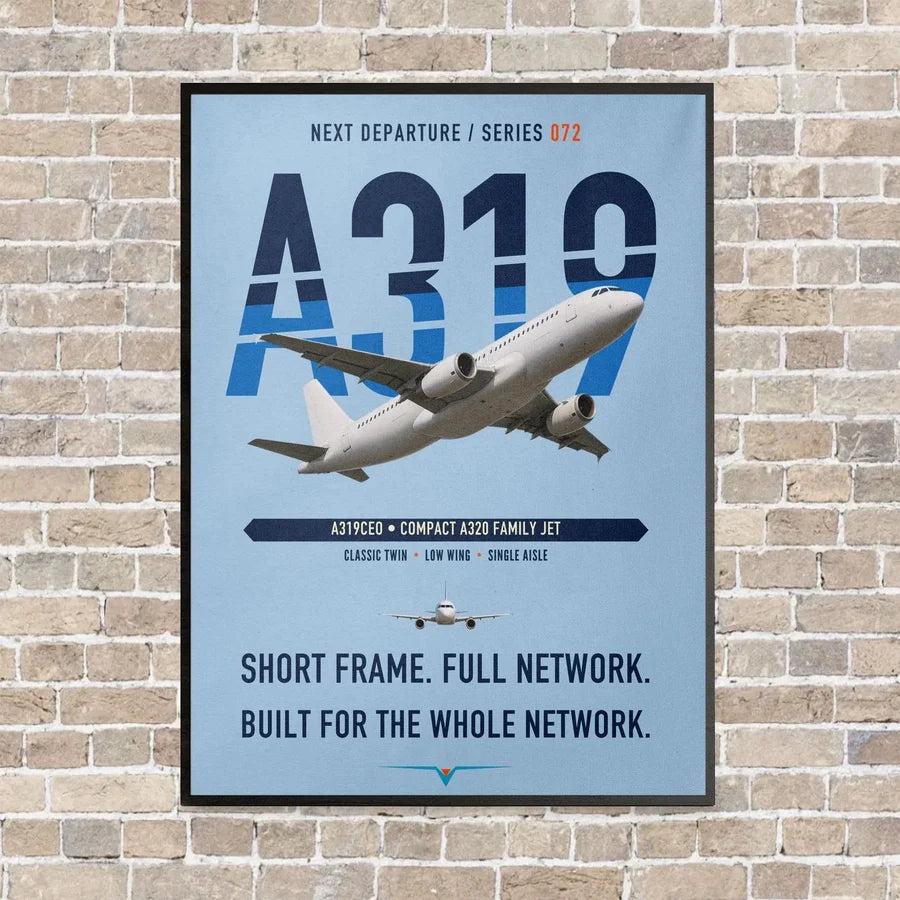 Airbus A319ceo vertical canvas print - framed - light blue background
