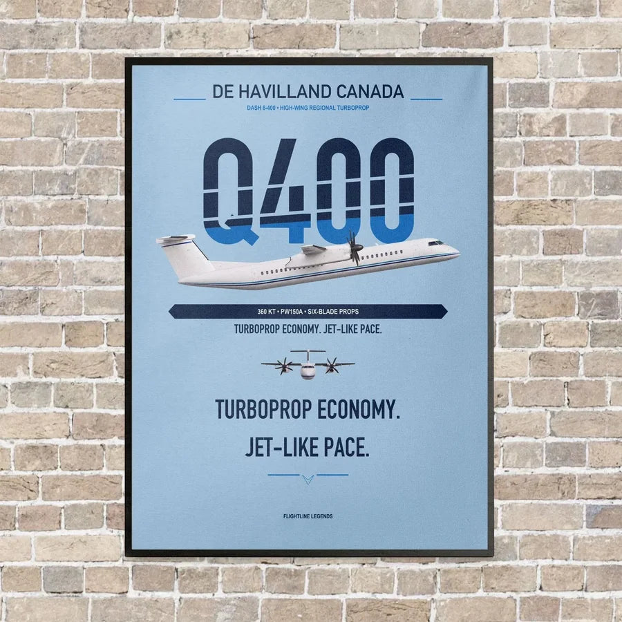 De Havilland Dash 8-400 vertical canvas print - framed - light blue background