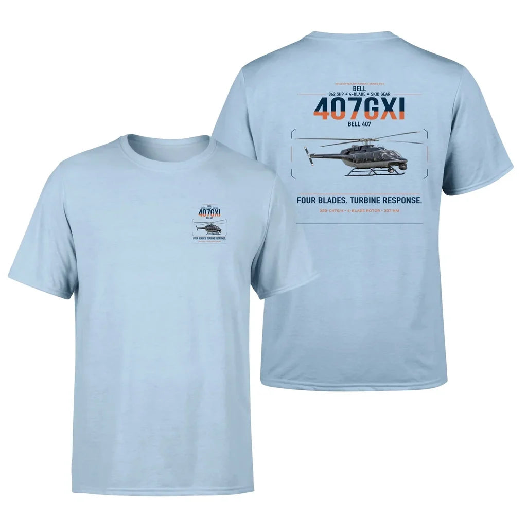 Bell 407GXi design on light blue t-shirt, double-side print