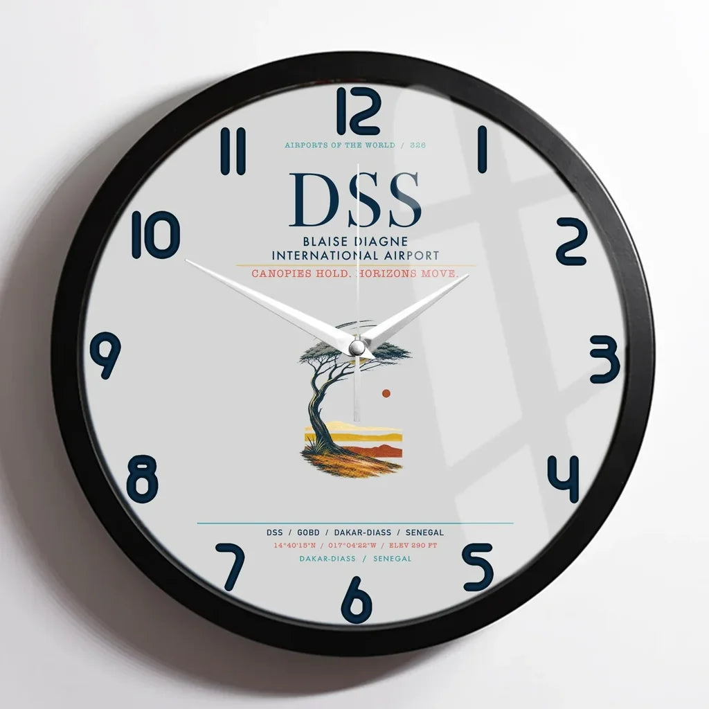 Blaise Diagne International Airport (DSS) design on light gray framed wall clock